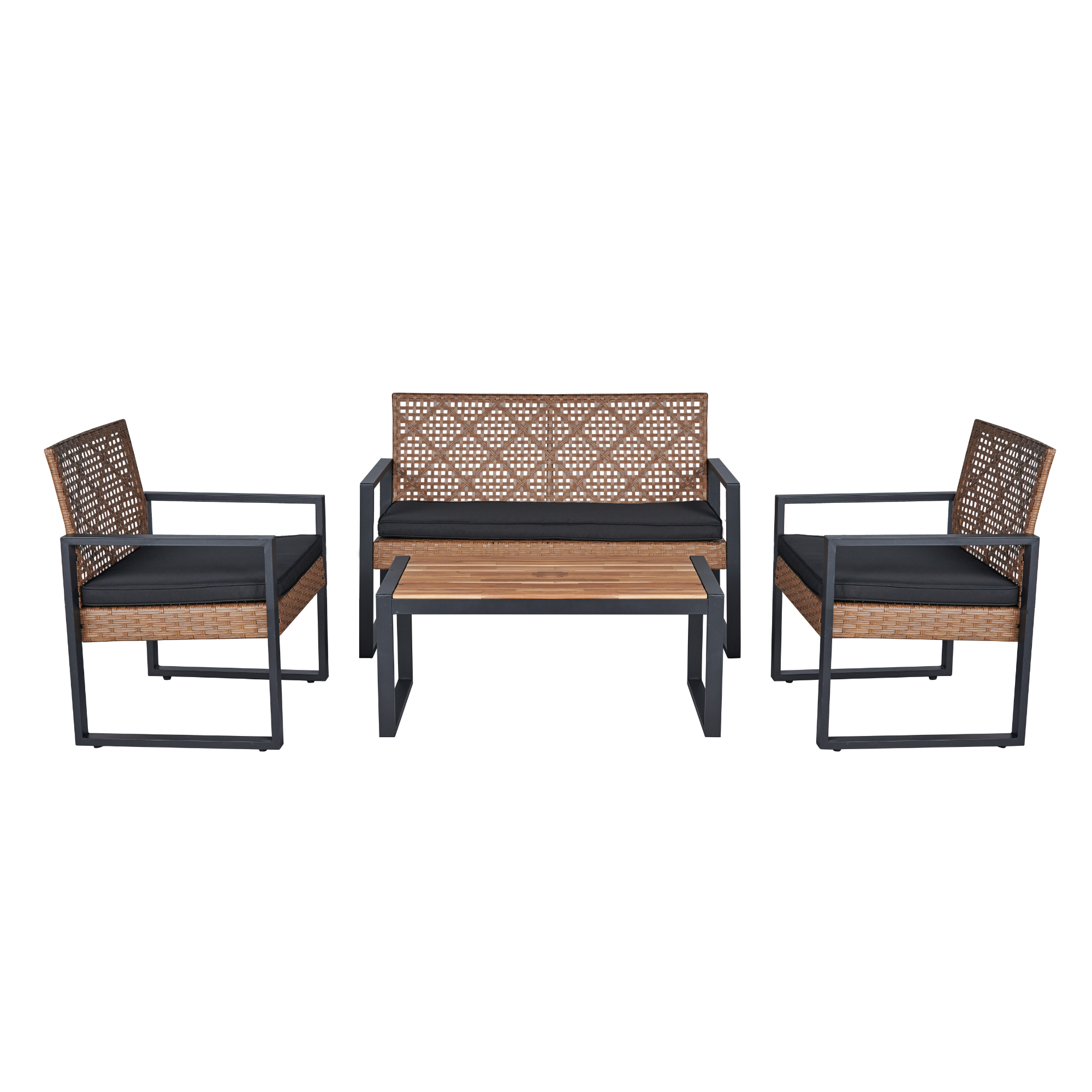 FurnitureR 4-Piece Outdoor Patio Furniture Set, Acacia Wood & PE Rattan, Modern Black & Light Brown, Balcony/Garden/Lawn/Porch, Removable Cushions