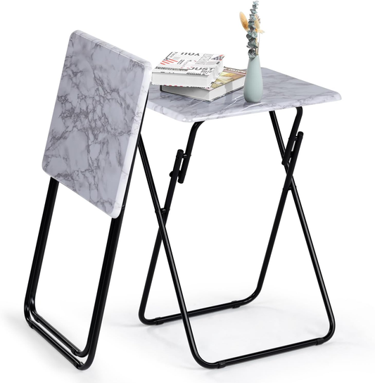 FurnitureR Folding TV Tray Tables, Foldable Side Table Dinner Trays, Marble Print Finish Snack Tables for Bed Couch Sofa, Space Saving, 2PCS, White