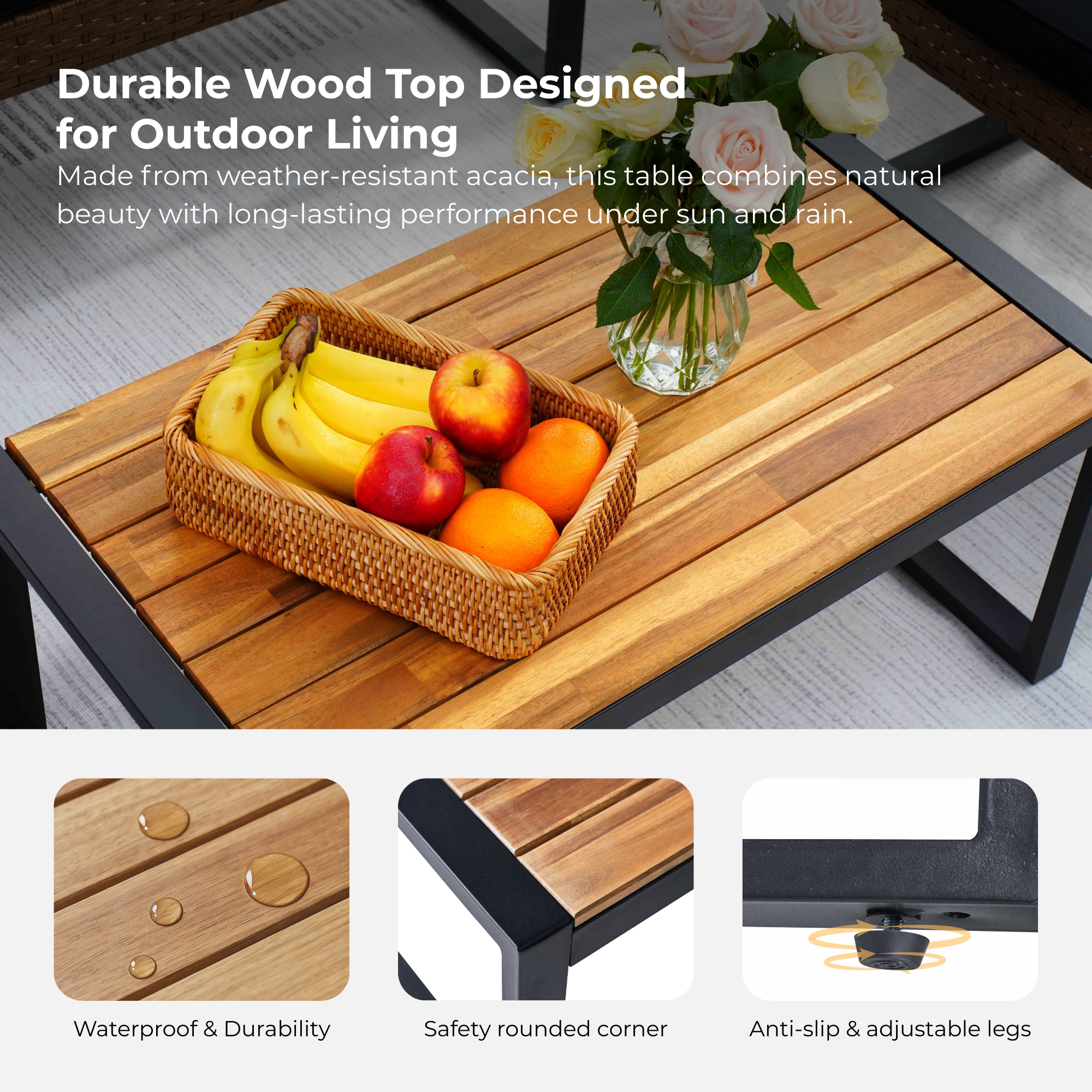 FurnitureR 4-Piece Outdoor Patio Furniture Set, Acacia Wood & PE Rattan, Modern Black & Light Brown, Balcony/Garden/Lawn/Porch, Removable Cushions