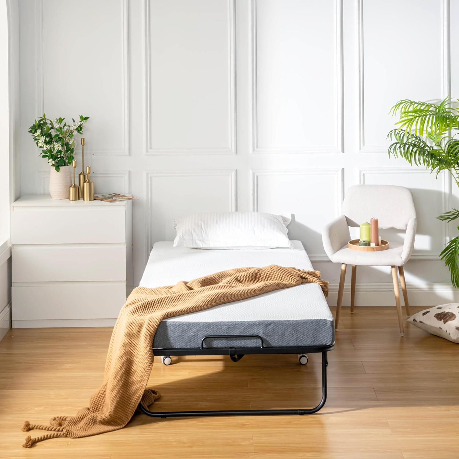 Cama plegable FurnitureR con colchón de espuma viscoelástica de 5 pulgadas, armazón de cama estrecha doble de 75"x30" con ruedas, plegable, construcción de metal resistente