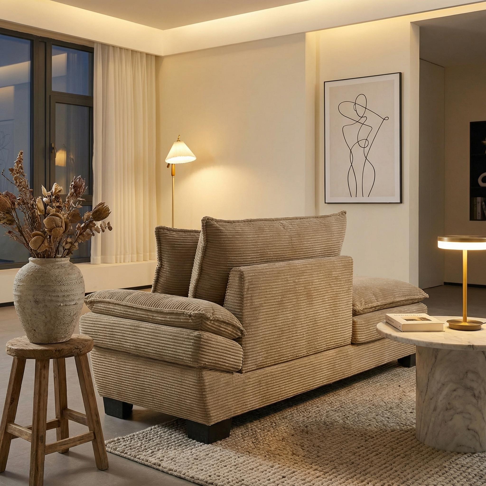 FurnitureR Corduroy Sofa Sleeper Couch Loveseat – Khaki, Deep Seat, Upholstered, Includes Pillows, 2-Seater for Living Room, Bedroom, Apartment, Office