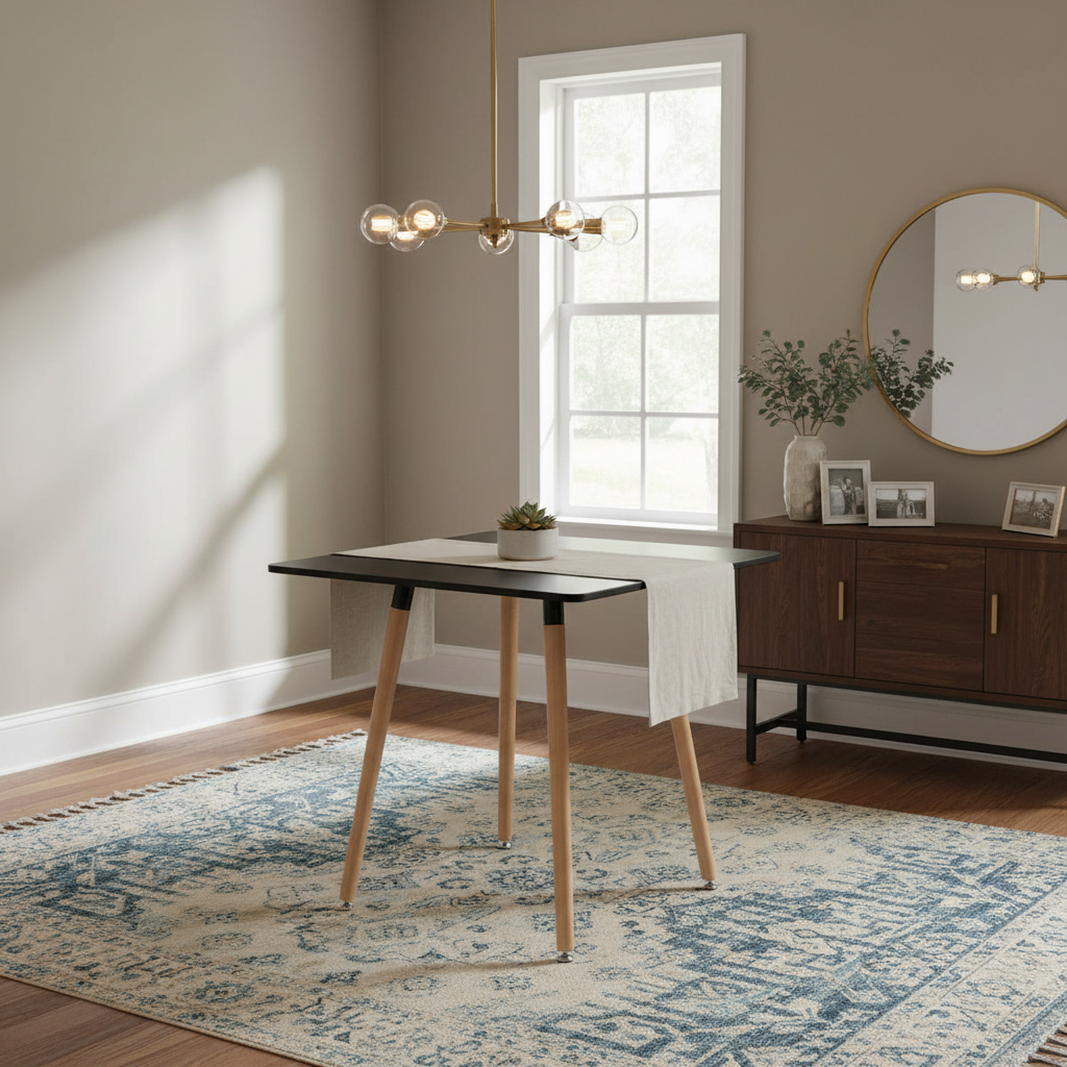 FurnitureR 31.5 Inch Square Dining Table, Modern Mid-Century Dining Table with Wooden Legs, Small Kitchen Table for 2-4 People, Black & Natural Wood