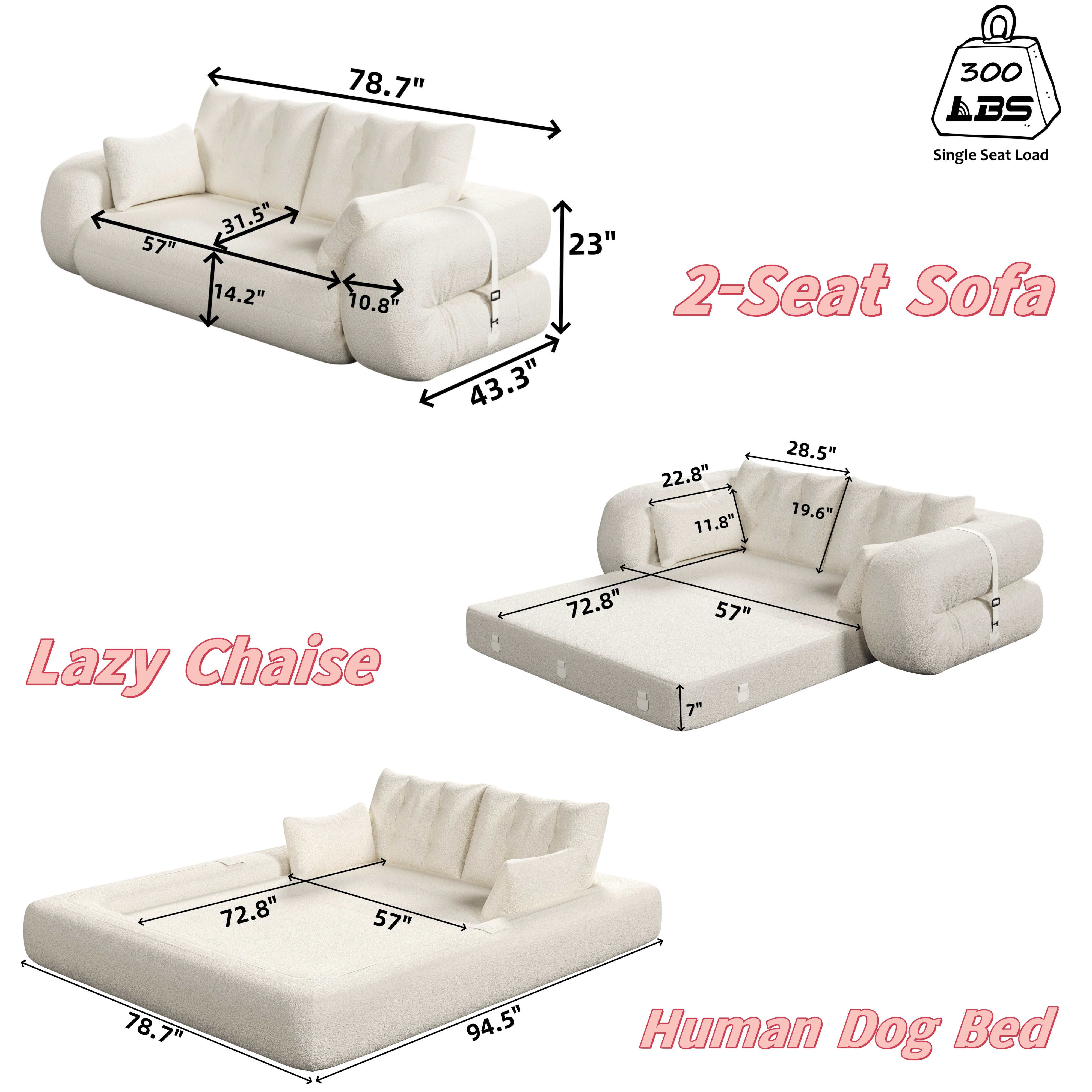 FurnitureR Human Dog Bed, Multi-Functional Foldable Sofa Bed, Teddy Fabric, Foam-Filled, 3-in-1 Convertible Couch, 78.7