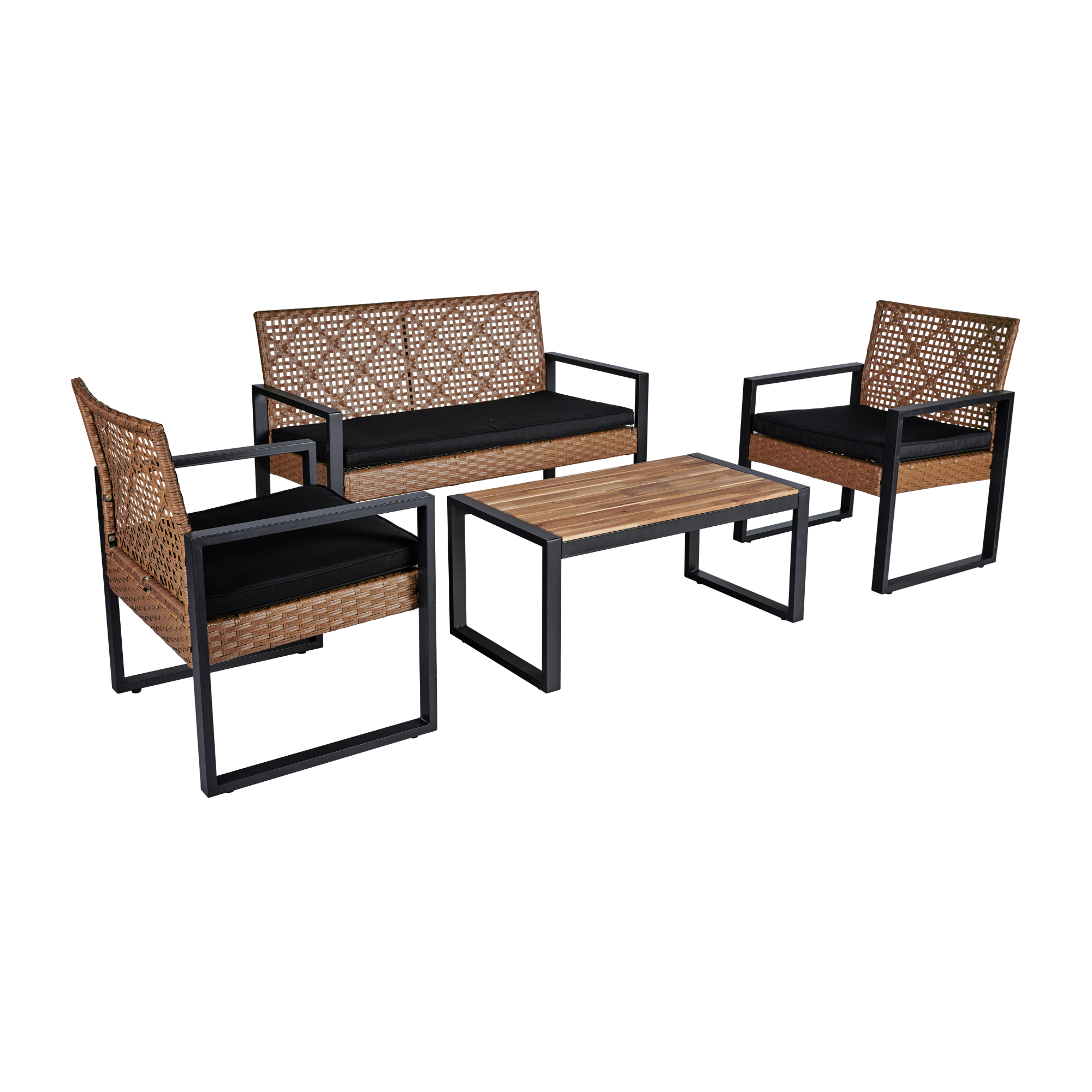 FurnitureR 4-Piece Outdoor Patio Furniture Set, Acacia Wood & PE Rattan, Modern Black & Light Brown, Balcony/Garden/Lawn/Porch, Removable Cushions