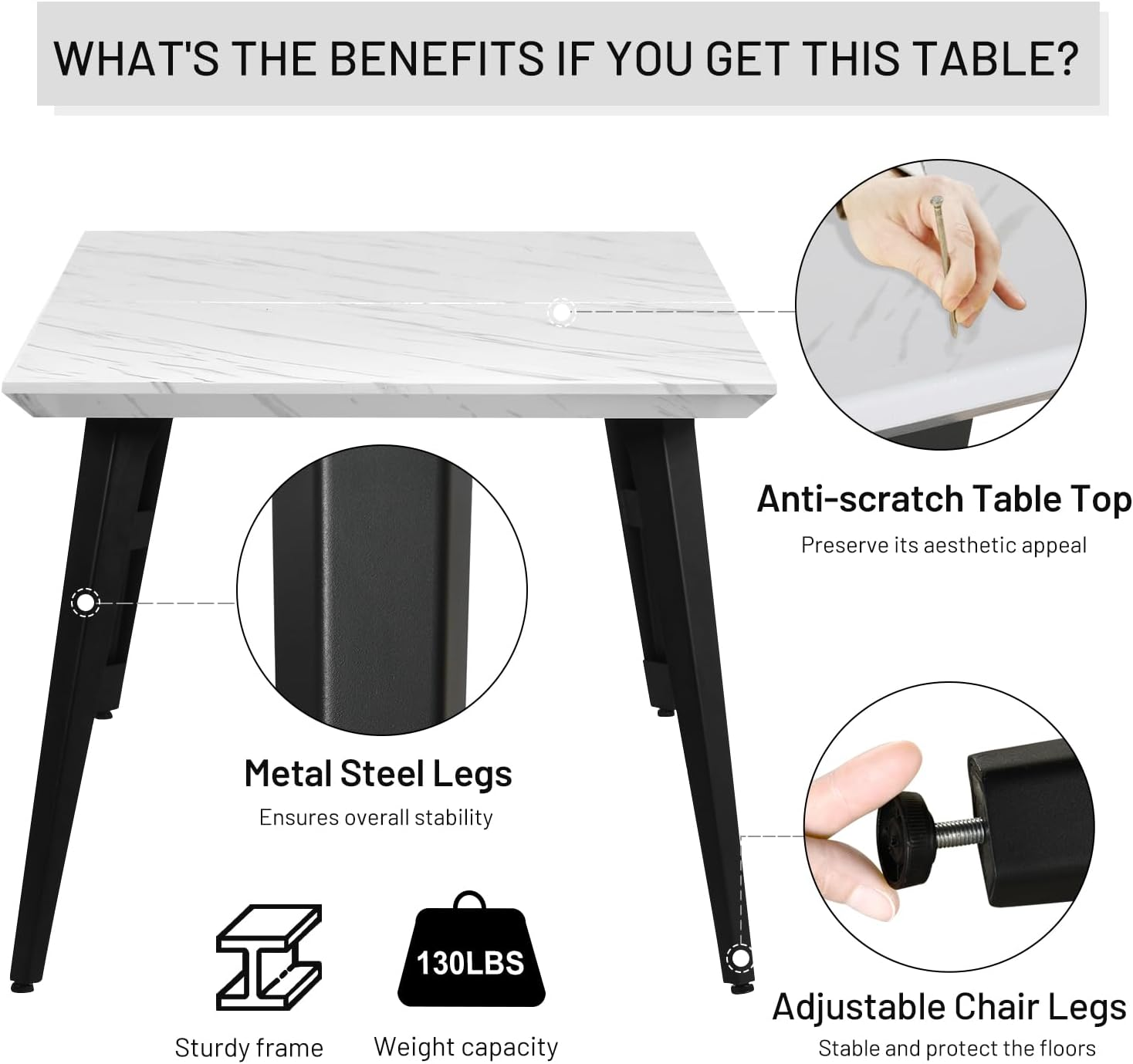 FurnitureR Dining Table for 4-6 Person with Sturdy Thickened Faux Marble Print Tabletop and Metal Steel Legs, Functional Table for Kitchen, White
