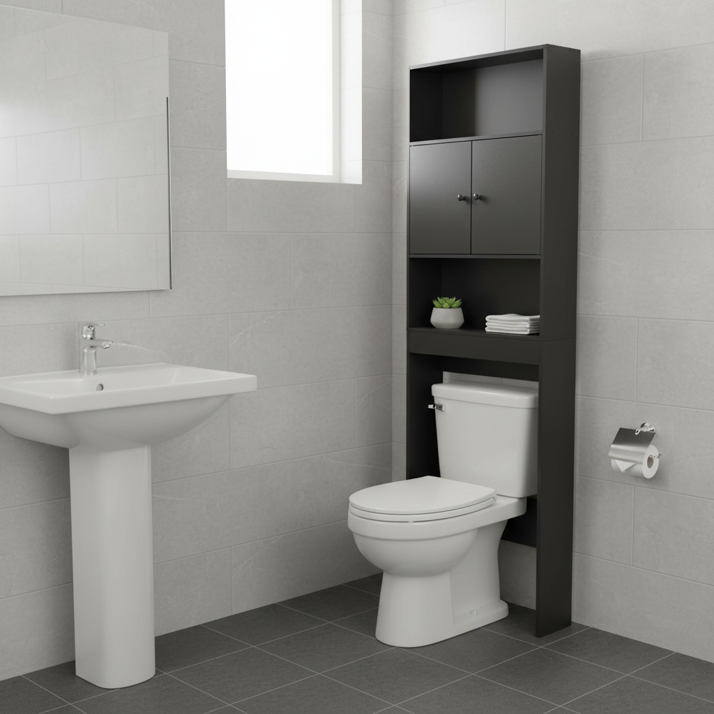 Mueble de almacenamiento para inodoro FurnitureR, estante organizador de baño de 3 niveles con puertas dobles y almacenamiento abierto, estantería de baño independiente, 194 cm de alto