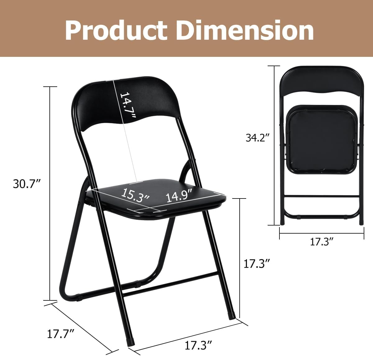 FurnitureR 6-Pack Folding Chairs with Padded Seats and Steel Frame, Modern Foldable Chairs for Home Office, Indoor and Outdoor Events, Black