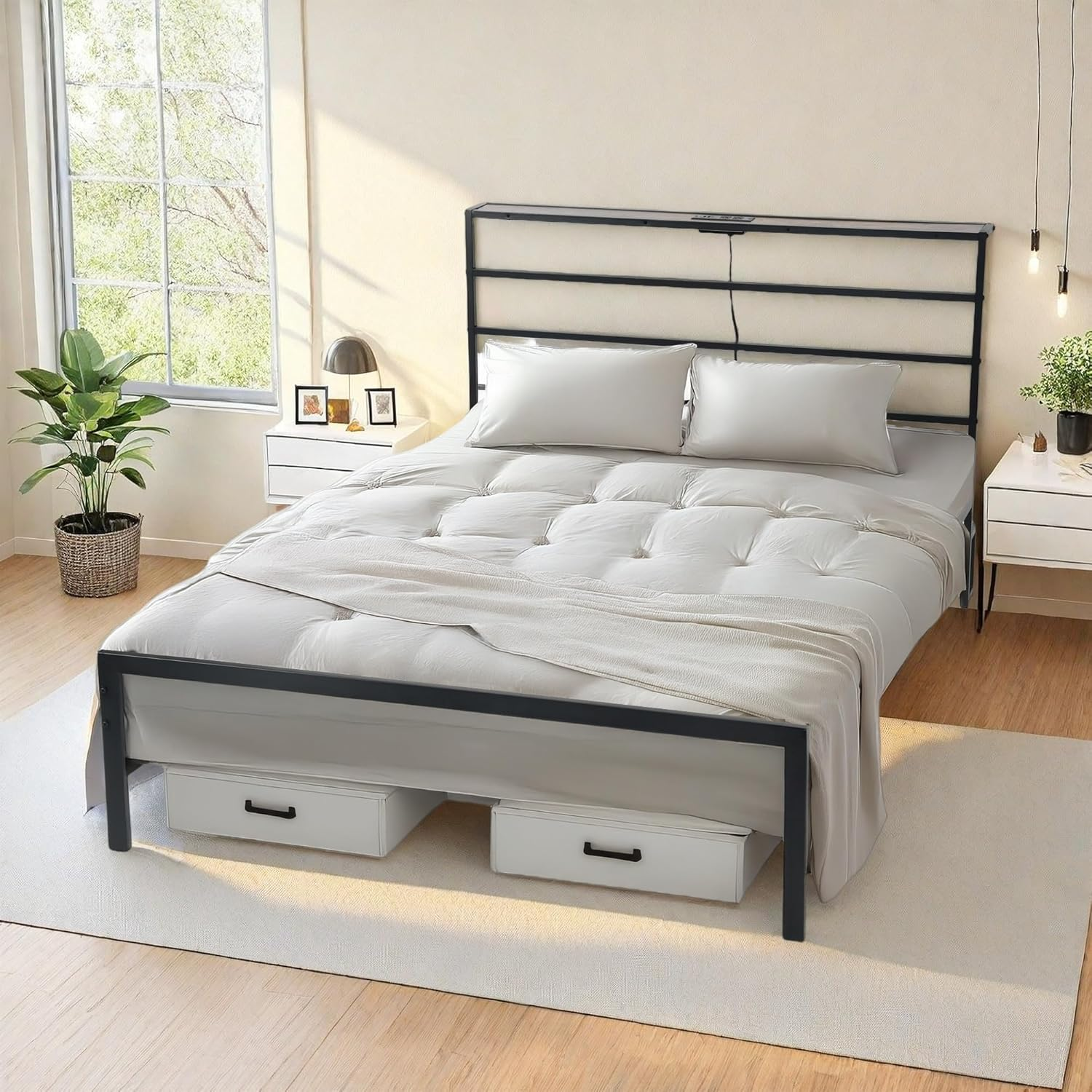 Base de cama de metal FurnitureR doble con luces LED y estación de carga, base para colchón, cabecero y piecero de hierro forjado, estantes de almacenamiento, negro