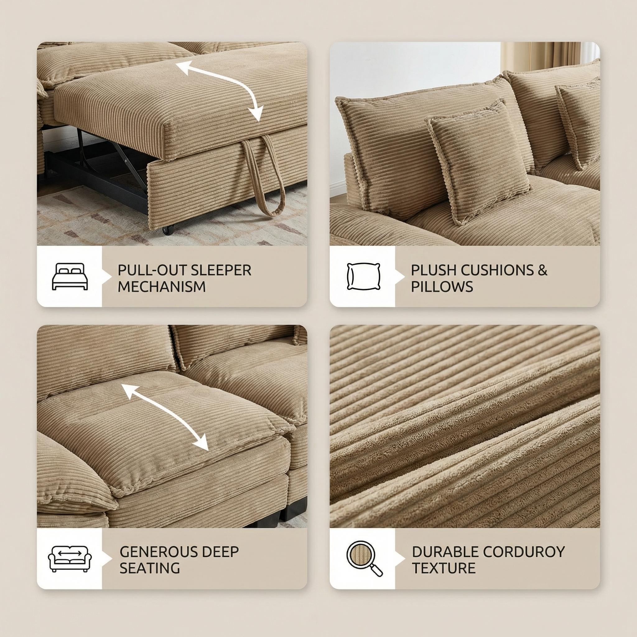 FurnitureR Corduroy Sofa Sleeper Couch Loveseat – Khaki, Deep Seat, Upholstered, Includes Pillows, 2-Seater for Living Room, Bedroom, Apartment, Office