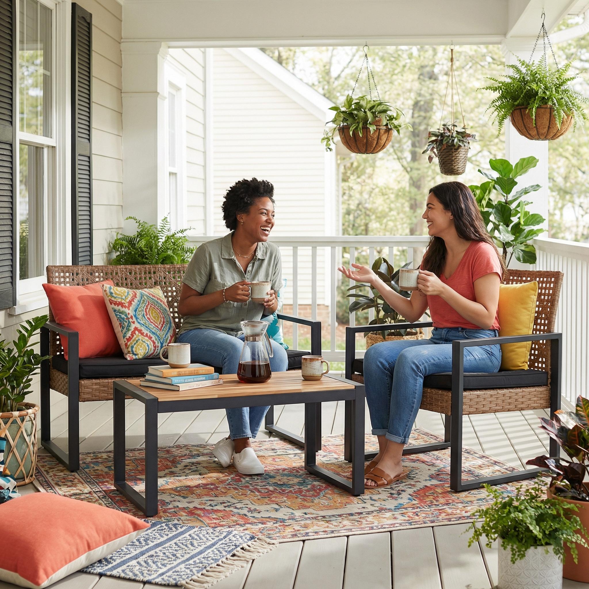 FurnitureR 4-Piece Outdoor Patio Furniture Set, Acacia Wood & PE Rattan, Modern Black & Light Brown, Balcony/Garden/Lawn/Porch, Removable Cushions