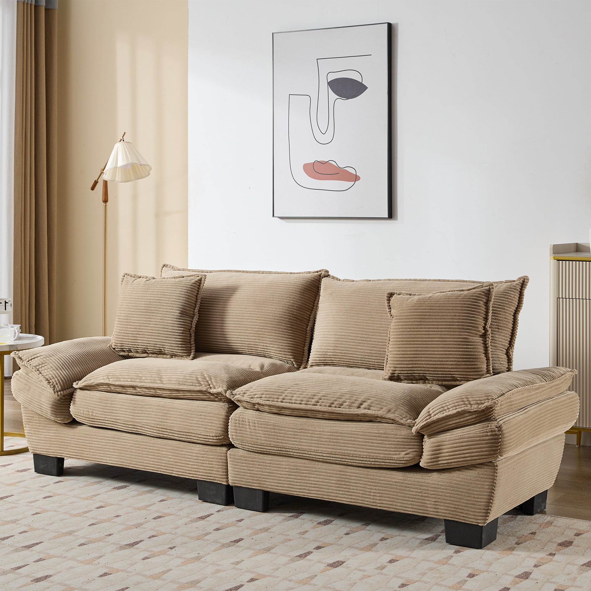 FurnitureR Corduroy Sofa Sleeper Couch Loveseat – Khaki, Deep Seat, Upholstered, Includes Pillows, 2-Seater for Living Room, Bedroom, Apartment, Office