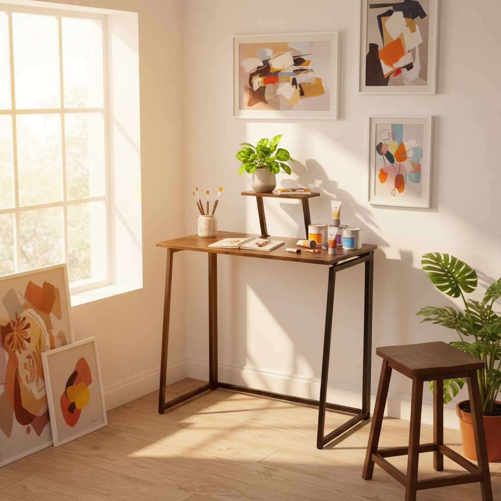 Folding Desk 31.5 Inch, Simple Compact Writing Study Table with Removable Monitor Stand, Portable Standing Desk Work Station Brown