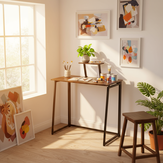 Folding Desk 31.5 Inch, Simple Compact Writing Study Table with Removable Monitor Stand, Portable Standing Desk Work Station Brown