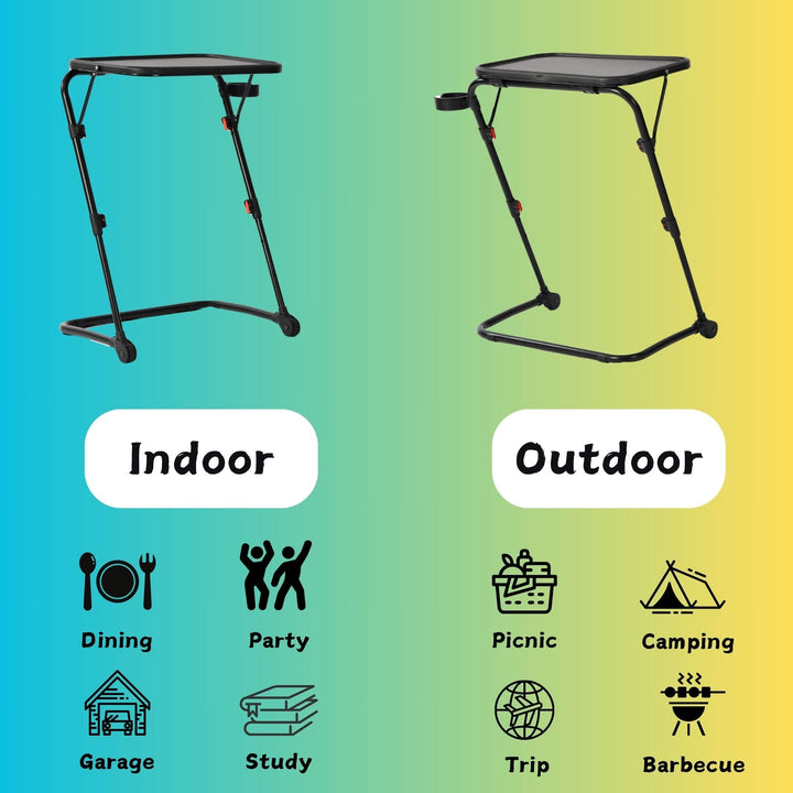 Two portable tables labeled 'Indoor' and 'Outdoor' with icons below on a gradient background.